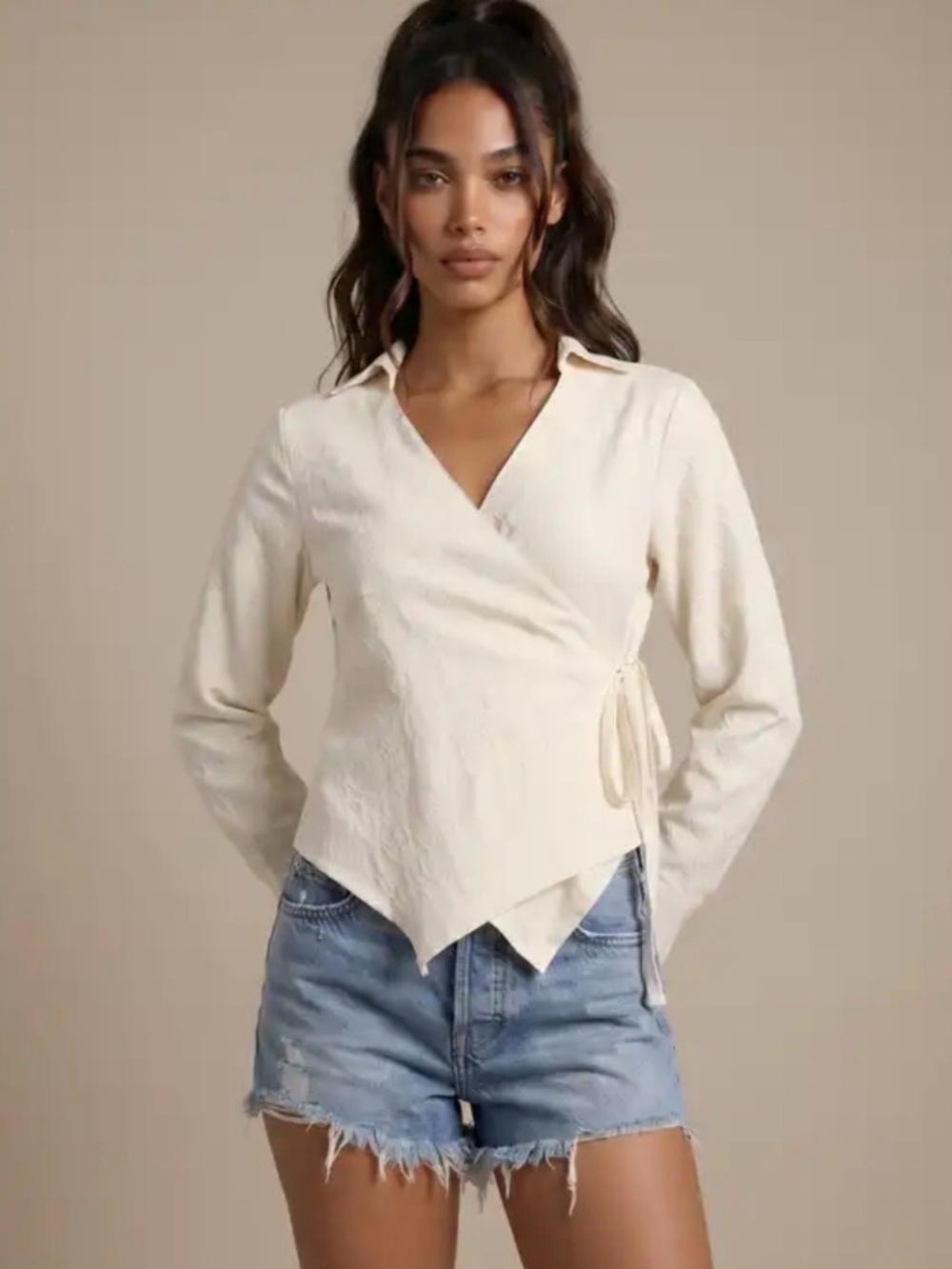 Urban Zen Cream Wrap Collared Blouse with Side Tie
